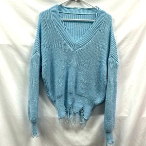 Distressed Size Medium Powder Blue Loose Knit Sweater